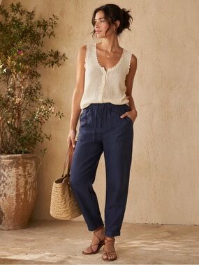 Krisa The Boyfriend 100% Linen Pants Navy Blue Size Large Elastic Waist NEW